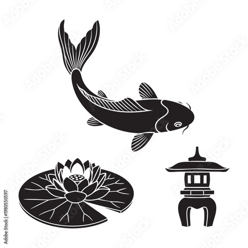 Zen garden icons with koi fish lotus and stone lantern