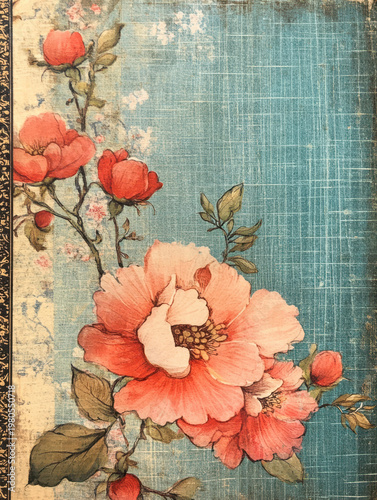 Vintage floral background antique flower illustration blue textured backdrop red blossom art romantic nature design rustic botanical pattern shabby chic style aged paper effect pastel color decor