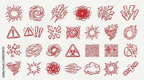 A collection of hand-drawn red graphic elements representing explosions, warnings, and abstract energetic effects.