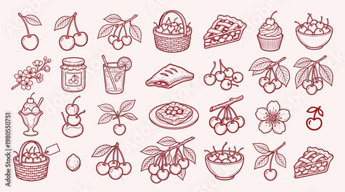 A charming collection of hand-drawn cherry-themed illustrations, featuring fruits, desserts, and decorative elements.
