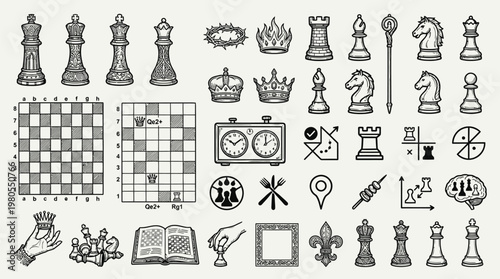 A comprehensive collection of black and white illustrations depicting various chess pieces, game boards, clocks, and related symbolic elements, presented in a vintage engraving style.
