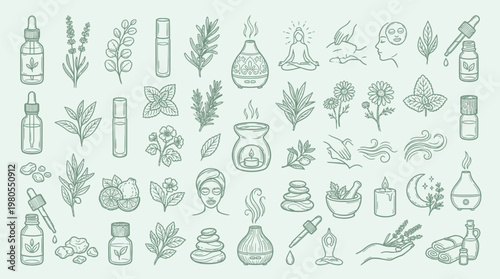 A collection of hand-drawn illustrations depicting various elements related to aromatherapy, wellness, and natural remedies, including essential oil bottles, herbs, diffusers, and spa treatments.