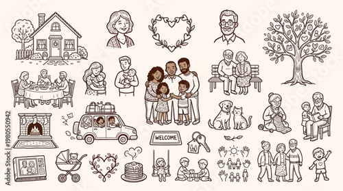 A charming hand-drawn illustration depicting various aspects of family life, including a home, family portraits, gatherings, and cherished moments.