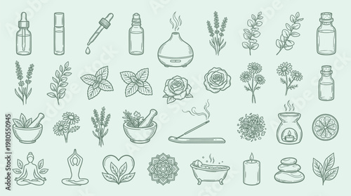 A collection of hand-drawn illustrations depicting elements of aromatherapy, wellness, and natural remedies, including essential oil bottles, herbs, flowers, diffusers, and spa items.