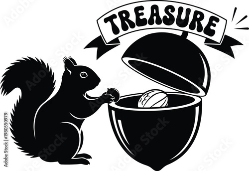 Squirrel opening treasure acorn with nut inside black and white