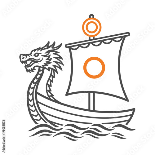 Dragon Ship Sailing on Waves
