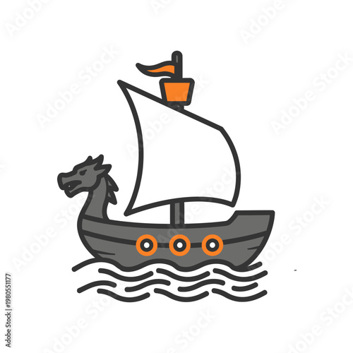 Cartoon Viking Ship with Dragon Head and Orange Sail