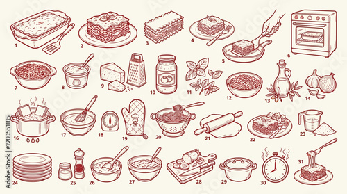 A detailed illustration showcasing various ingredients, tools, and steps involved in preparing and serving a delicious lasagna dish.
