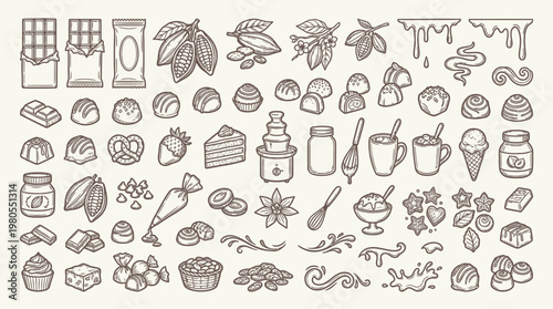 A comprehensive collection of hand-drawn illustrations depicting various chocolate-themed items, including bars, candies, desserts, and ingredients.