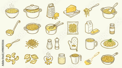 A charming collection of hand-drawn illustrations depicting various elements and stages of preparing and serving macaroni and cheese.