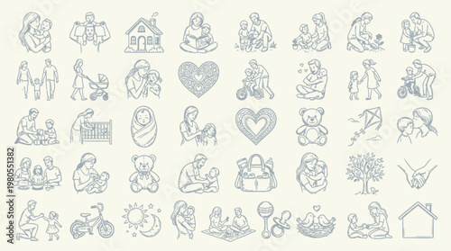 Collection of delicate line art illustrations depicting various aspects of family life, motherhood, and childhood.