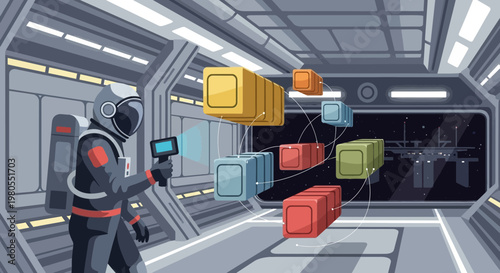 Futuristic Astronaut Scanning Floating Cargo in a Spaceship