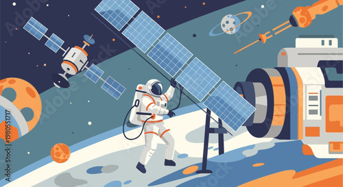 Astronaut working on space station solar panel vector illustration