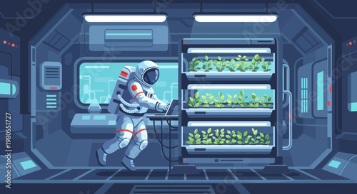 Astronaut Tending to Hydroponic Plants in Space Station Lab