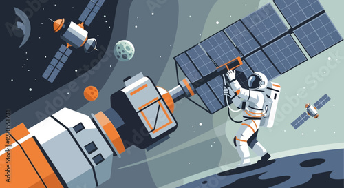 Astronaut Performing Maintenance on Satellite in Deep Space