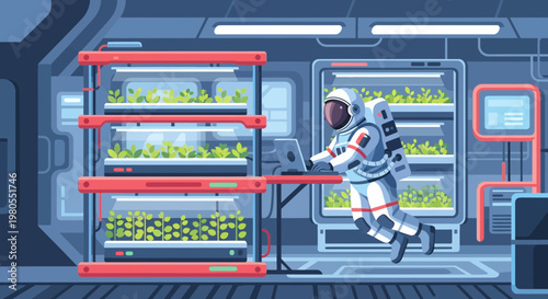 Astronaut Researching Plants in Futuristic Space Station Laboratory