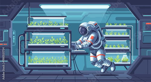 Astronaut Scientist Tending to Hydroponic Plants in Space Station Lab