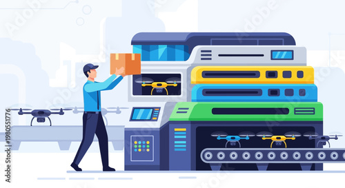 Automated Drone Delivery and Logistics Warehouse Illustration