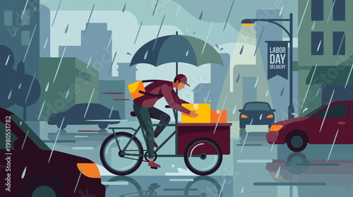 Courier delivering packages on cargo bike in heavy city rain