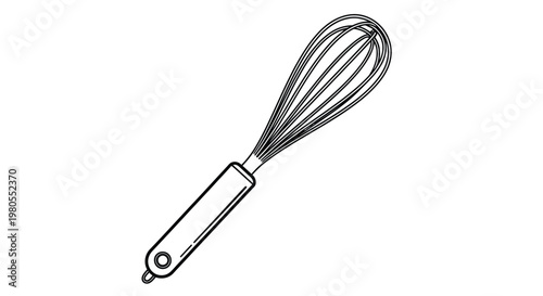 Minimalist black and white vector line art illustration of a professional kitchen cooking wire whisk