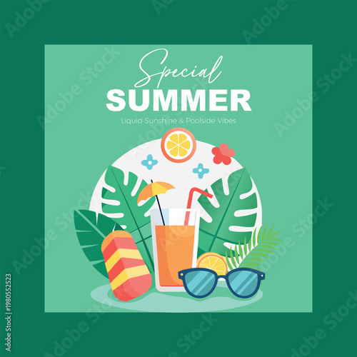 A special summer offer with a drink and sunglasses