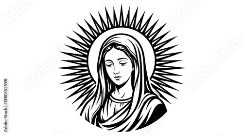 Virgin Mary Black and White Vector Illustration with Radiant Halo Stencil Art
