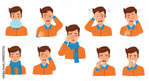Collection of vector illustrations showing a man suffering from common cold, flu, and allergy symptoms.