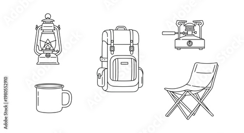Essential camping and outdoor adventure gear in vector line art, featuring lantern, backpack, stove, mug, and folding chair for wilderness exploration