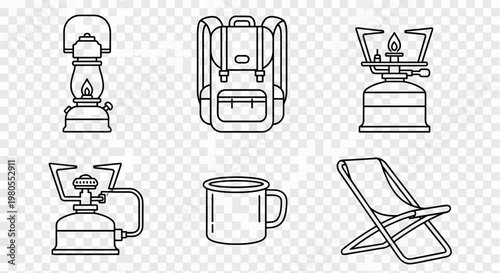 Set of essential line art icons for camping and outdoor adventures, featuring portable gear like a lantern, backpack, stove, mug, and chair, perfect for recreational trips
