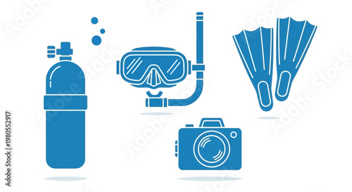Set of blue line art vector icons for scuba diving and snorkeling adventures, featuring essential equipment such as a tank, mask, fins, and an underwater camera