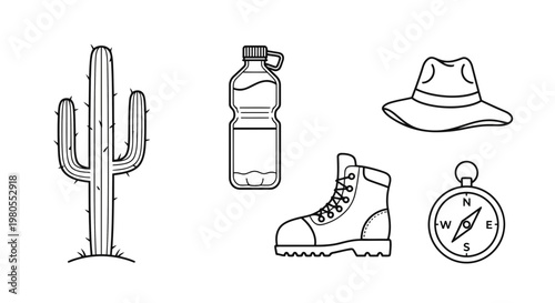 Line art vector icons for outdoor adventure and desert exploration, featuring essential items cactus, water bottle, hiking boot, navigation compass, and a classic sun hat