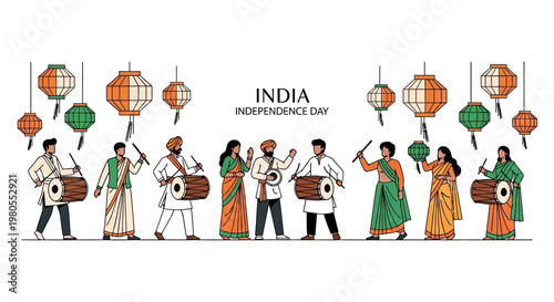 Indian people celebrating Independence Day with traditional musical instruments and hanging lanterns.