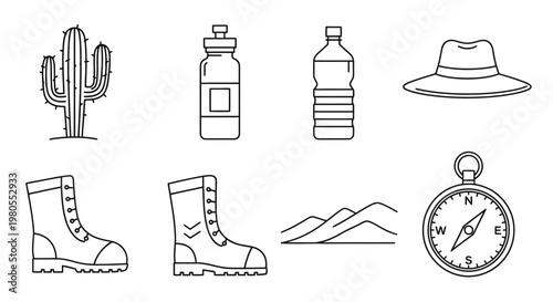 Vector line icons depicting essential gear for outdoor adventures, desert exploration, and travel, including hiking boots, compass, cactus, and hydration tools