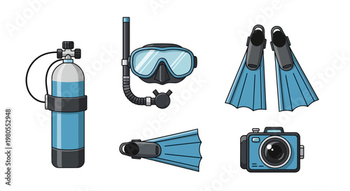 Comprehensive collection of essential aquatic exploration gear, featuring scuba diving equipment, snorkeling accessories, and a waterproof camera for underwater adventures and recreation