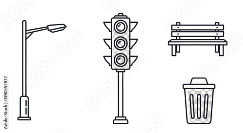 Vector line art icons for urban infrastructure. Includes street light, traffic signal, public bench, and waste bin. Perfect for city environment and planning design projects