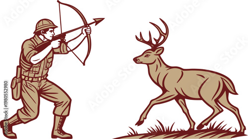 Hunter And Deer Wildlife Scene Illustration. Hunter Chasing Deer Forest Illustration. Deer And Hunter Nature Scene Design. Hunter And Deer Outdoor Wildlife Illustration. Forest Hunter And Deer Scene