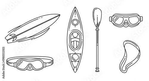 Collection of outlined water sports equipment including surfboard, kayak with paddle, diving masks, and swimming goggles, perfect for summer vacation and adventure themes