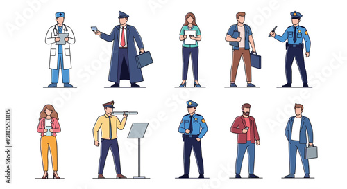 Collection of diverse people in various professional uniforms including doctors police officers and business workers standing.