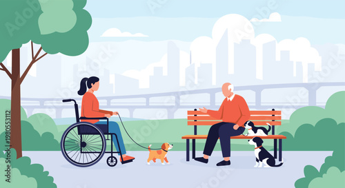 Disabled woman in a wheelchair and an elderly man enjoy time with their small dogs in a beautiful urban park with city skyline.