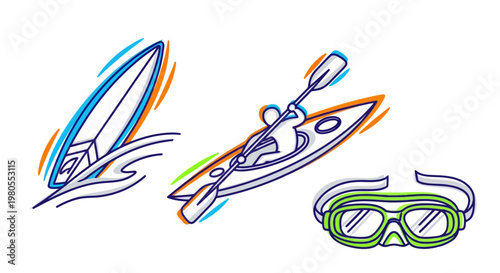 Dynamic vector line art illustrations capturing the essence of water sports and aquatic adventures, featuring a surfboard, kayaker, and diving goggles for summer recreation and outdoor activities