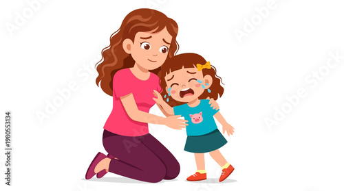 Caring Mother Comforting Her Sad Crying Daughter, Parent Supporting Unhappy Child Vector Illustration on White Background
