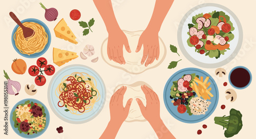 Top view of hands kneading dough on a table surrounded by plates of pasta salad vegetables and ingredients for a healthy meal.