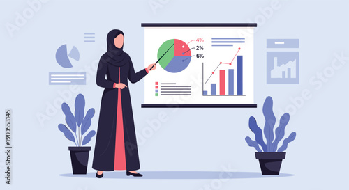Professional Muslim woman in a black hijab uses a pointer to explain business data charts and graphs during a corporate meeting.