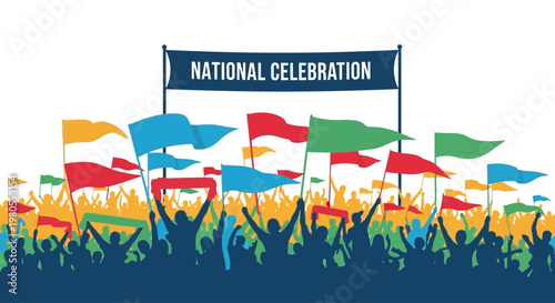 Crowd of people celebrating with colorful flags during a national event.
