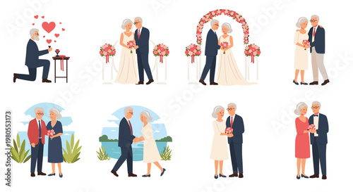 Comprehensive set of illustrations showing a senior couple during various romantic moments from proposal to a happy wedding day.