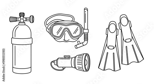 Vector Outline Collection of Essential Scuba Diving Gear, Featuring Oxygen Tank, Dive Mask with Snorkel, Underwater Light, and Fins for Aquatic Sports and Ocean Exploration