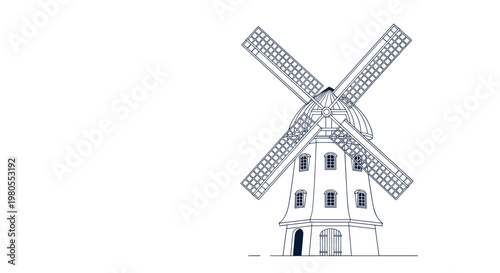 Detailed black and white line art illustration of a traditional European windmill featuring windows and large rotating sails.