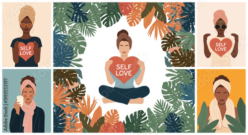 Group of diverse women in headwraps and towels celebrate self care and body positivity while holding hearts with self love text.