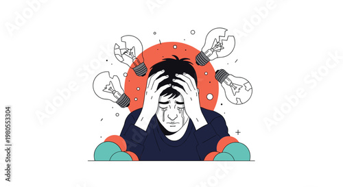 Stressed man holds his head in pain while surrounded by broken lightbulbs symbolizing creative burnout and mental exhaustion.