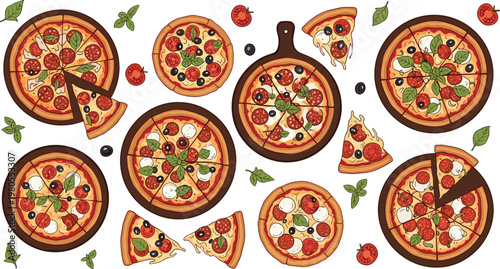 Set of assorted pizza illustrations with different toppings including pepperoni, vegetables and cheese, top view collection of whole and sliced pizzas in cartoon vector style